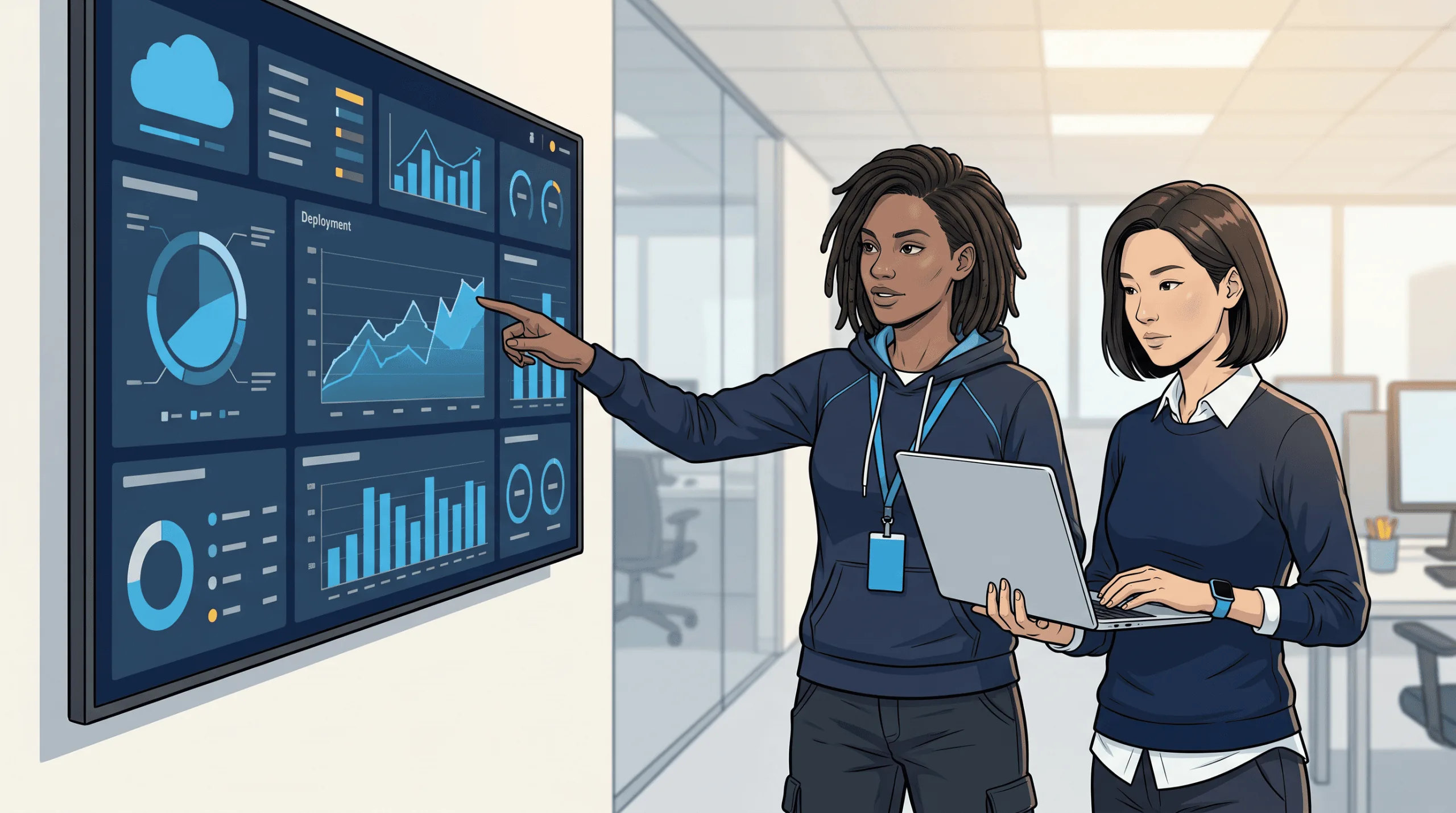 Ingénieures Versusmind analysant un dashboard de pipeline cloud